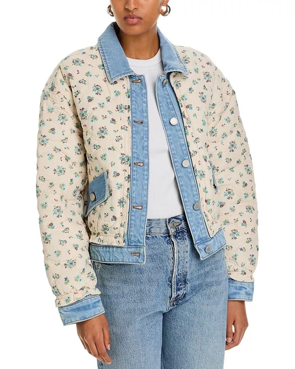 BlankNYC Women Ivory Floral Cotton Denim Quilted Oversize Bomber Jacket Size XS